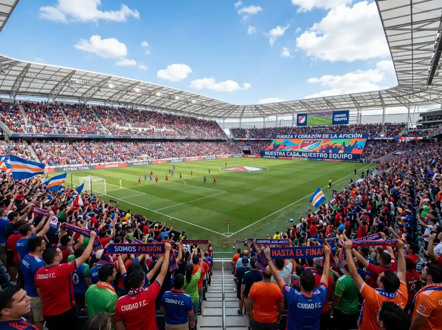 Estadio de la MLS lleno de aficionados durante un partido de fútbol nocturno