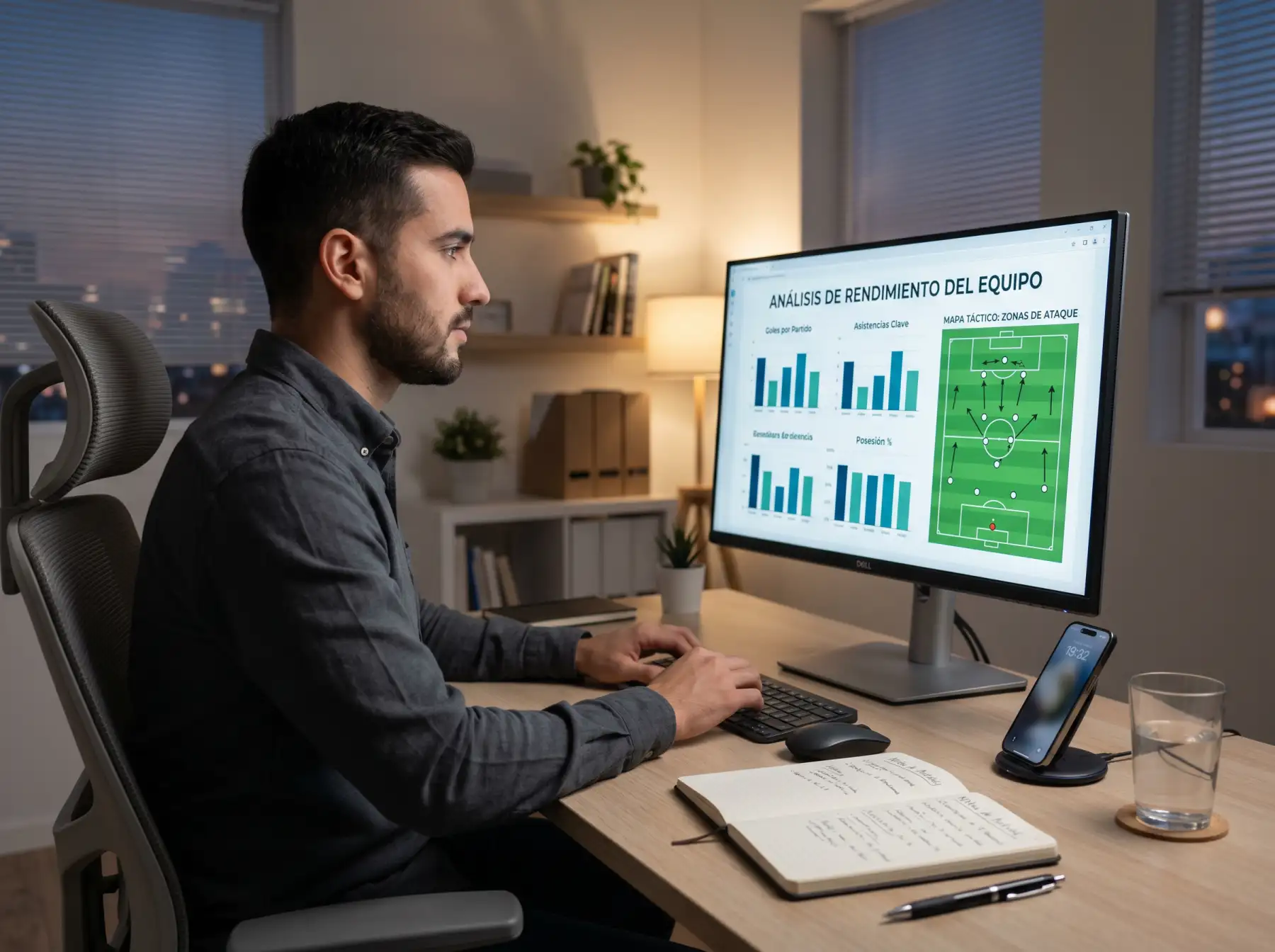 Analista revisando datos estadísticos de la MLS en una pantalla con cuotas y gráficos de rendimiento